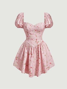 Pink Floral Puff Sleeve Dress